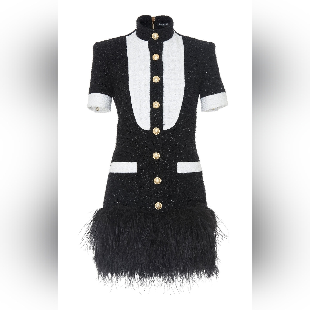 NWT Balmain Women's Black Feather Hem Tweed Dress 38 Retail $3800 - Picture 3 of 11